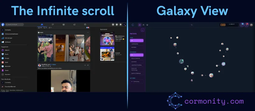 A side-by-side comparison titled 'The Infinite scroll vs Galaxy View.' The left side shows a traditional cluttered vertical social media feed, while the right side displays the Cormonity Galaxy View—a clean, dark-mode interface with users and communities organized into a navigable spatial constellation.
