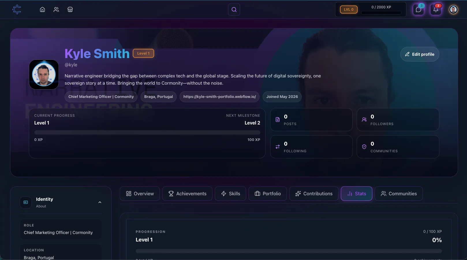 A clean, dark-mode user profile interface in the Cormonity app, featuring a custom narrative engineering banner, professional bio, and account verification status indicators.
