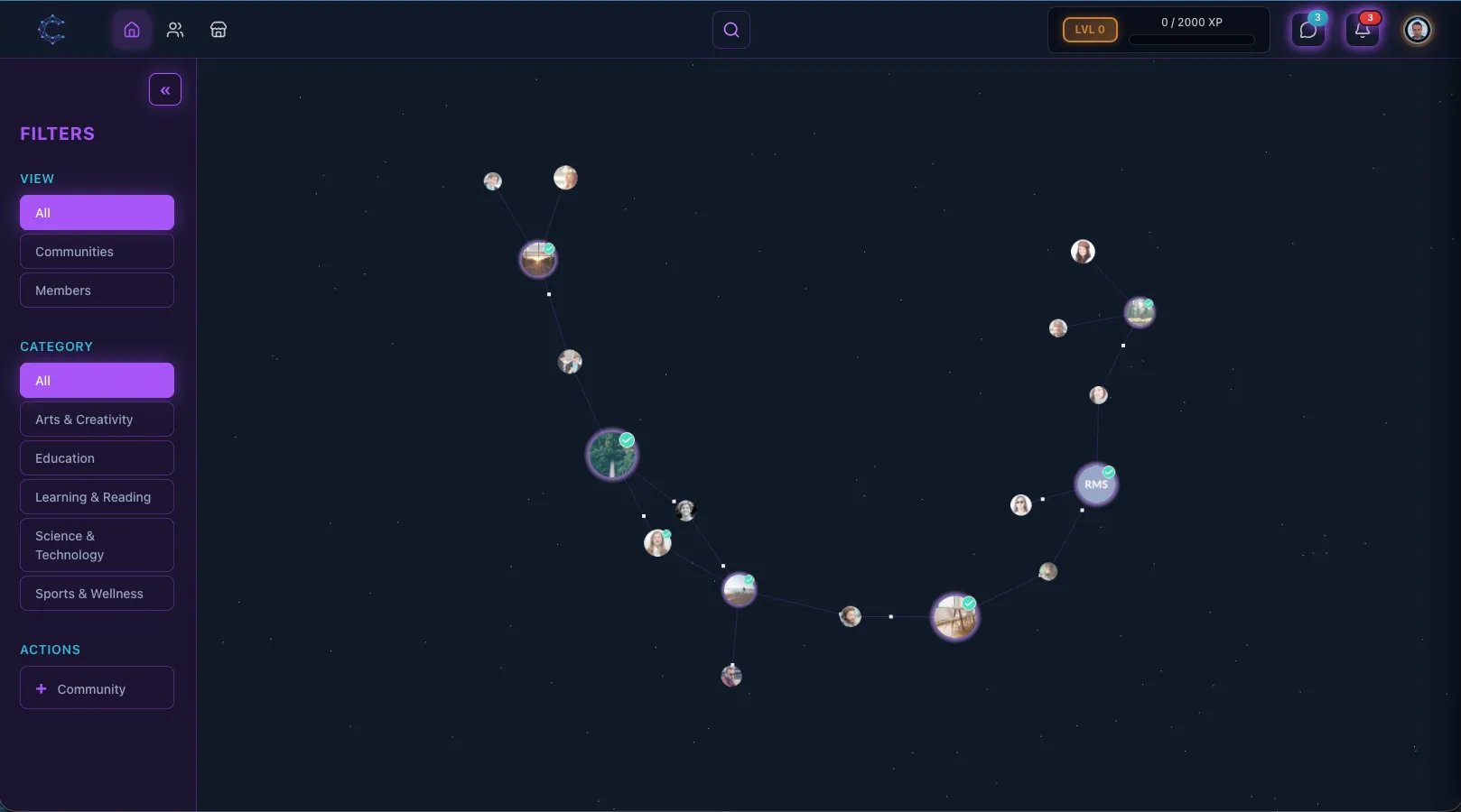 Interface screenshot of the Cormonity Galaxy View showing a 2D spatial navigation map with interconnected user nodes and community constellations, demonstrating an alternative to the infinite scroll.