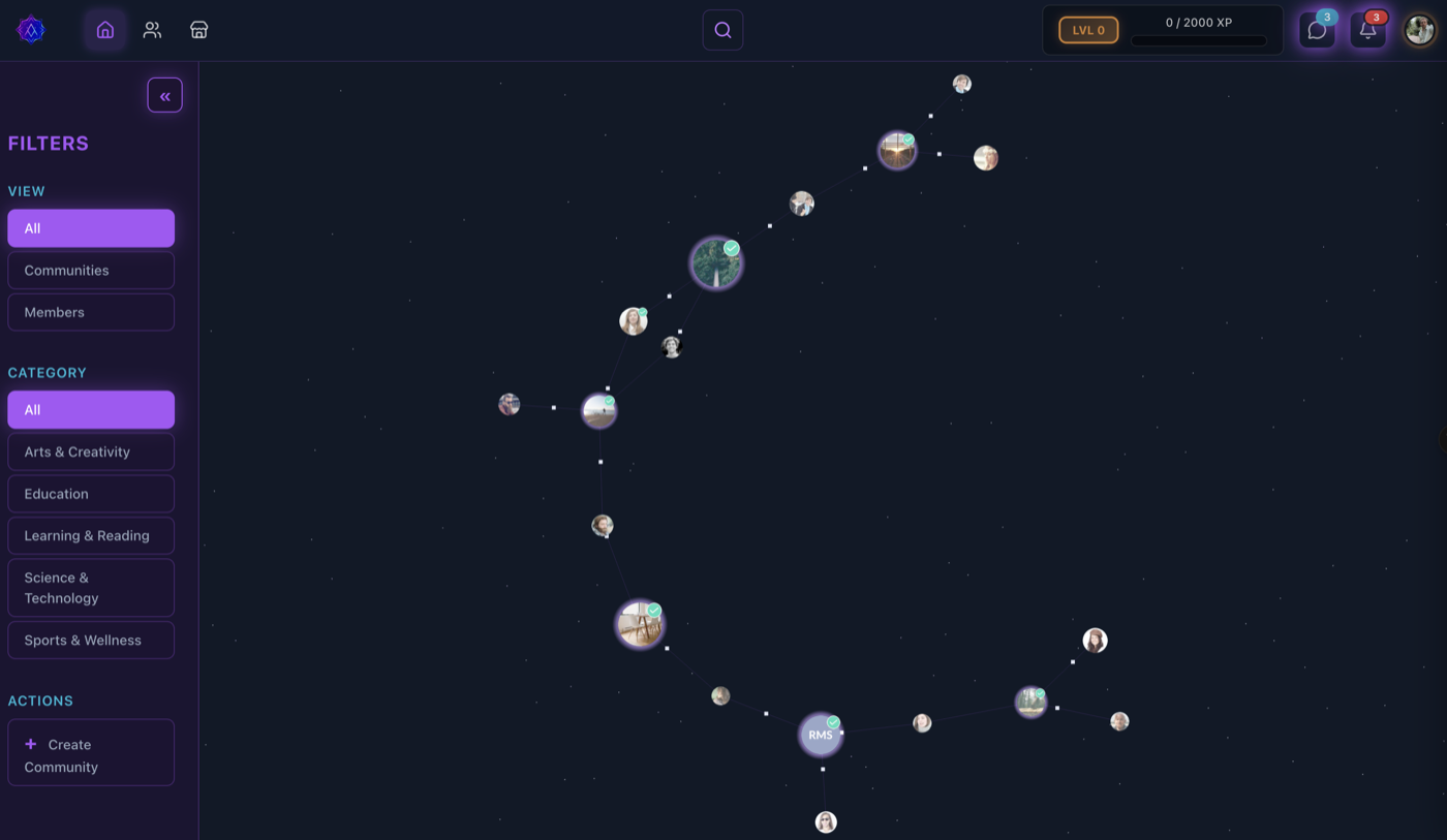 Cormonity app — community network view showing the 3D social graph